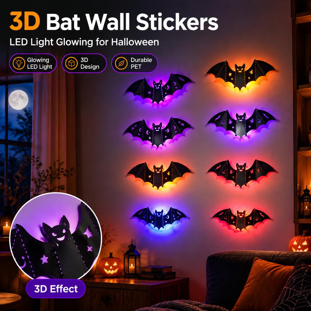 8pcs/set Hollow Wing Glow In The Dark Wall Stickers PET Halloween Wall Stickers Halloween Party