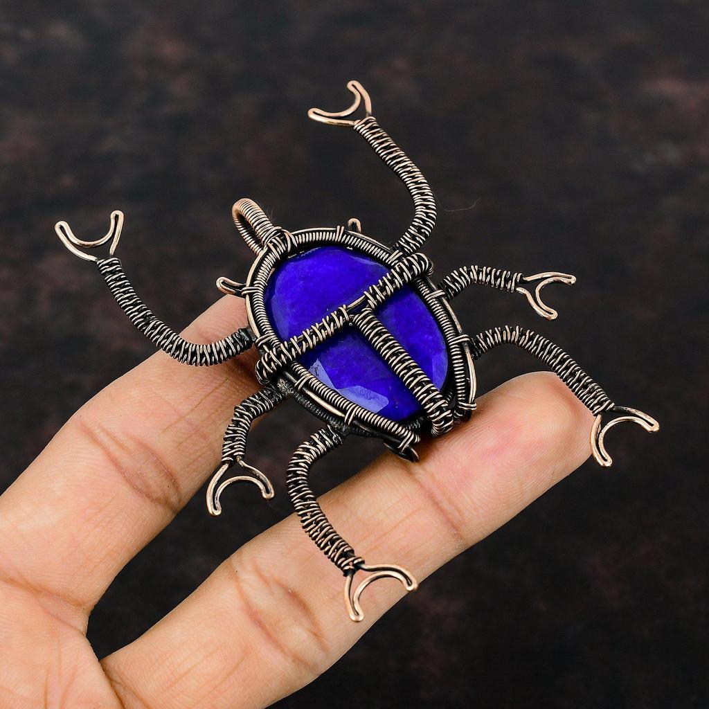 Faceted Blue Sapphire Pendant Copper Wire Wrapped Gemstone Pendant Copper Jewelry Handmade Pendant Wire Wrap Jewelry For Gift Beetle Pendant