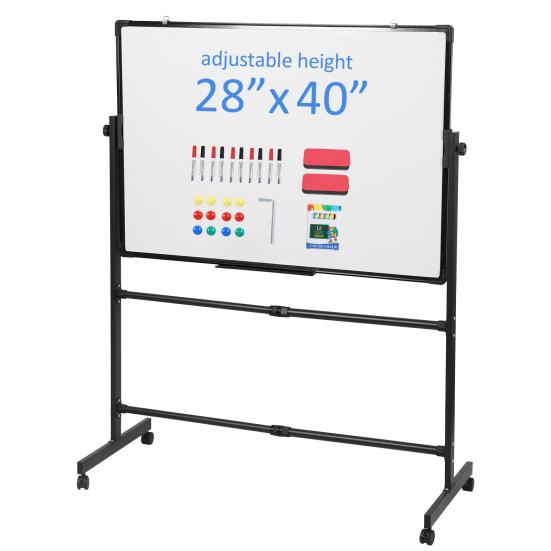 Double-Sided Easel Board with Stand 40x28 Inch Reversible Whiteboard/Chalkboard on Wheels, Height Adjustable, 2-in-1 Mobile Whiteboard Rolling