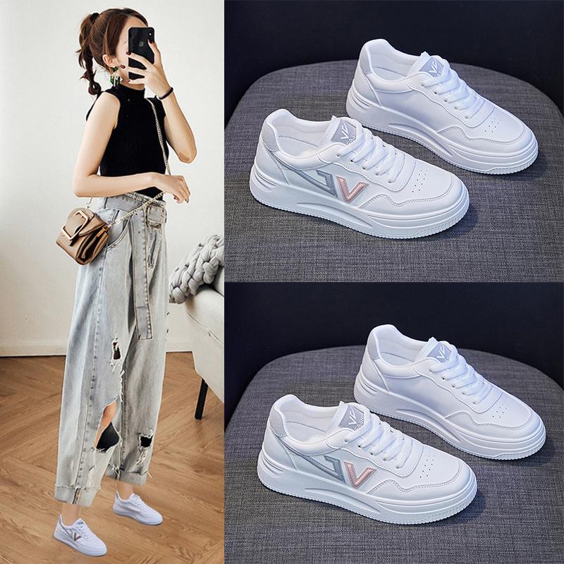 2024 Spring Women Leather Casual Shoes Street Hot White Flats Skateboard Shoes Girl All-match Lace-up Sneakers Vulcanized Shoes