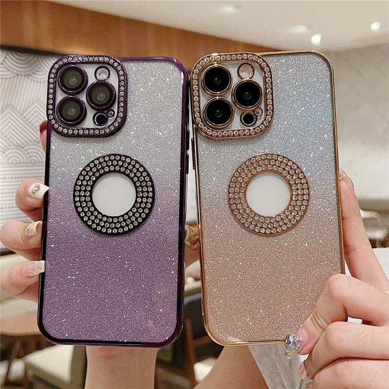 For iPhone 15 Pro Max Luxury Plating Gradual Flash Diamond Frame Phone Case For iPhone 11 12 13 14 16 Plus Lens Protective Cover