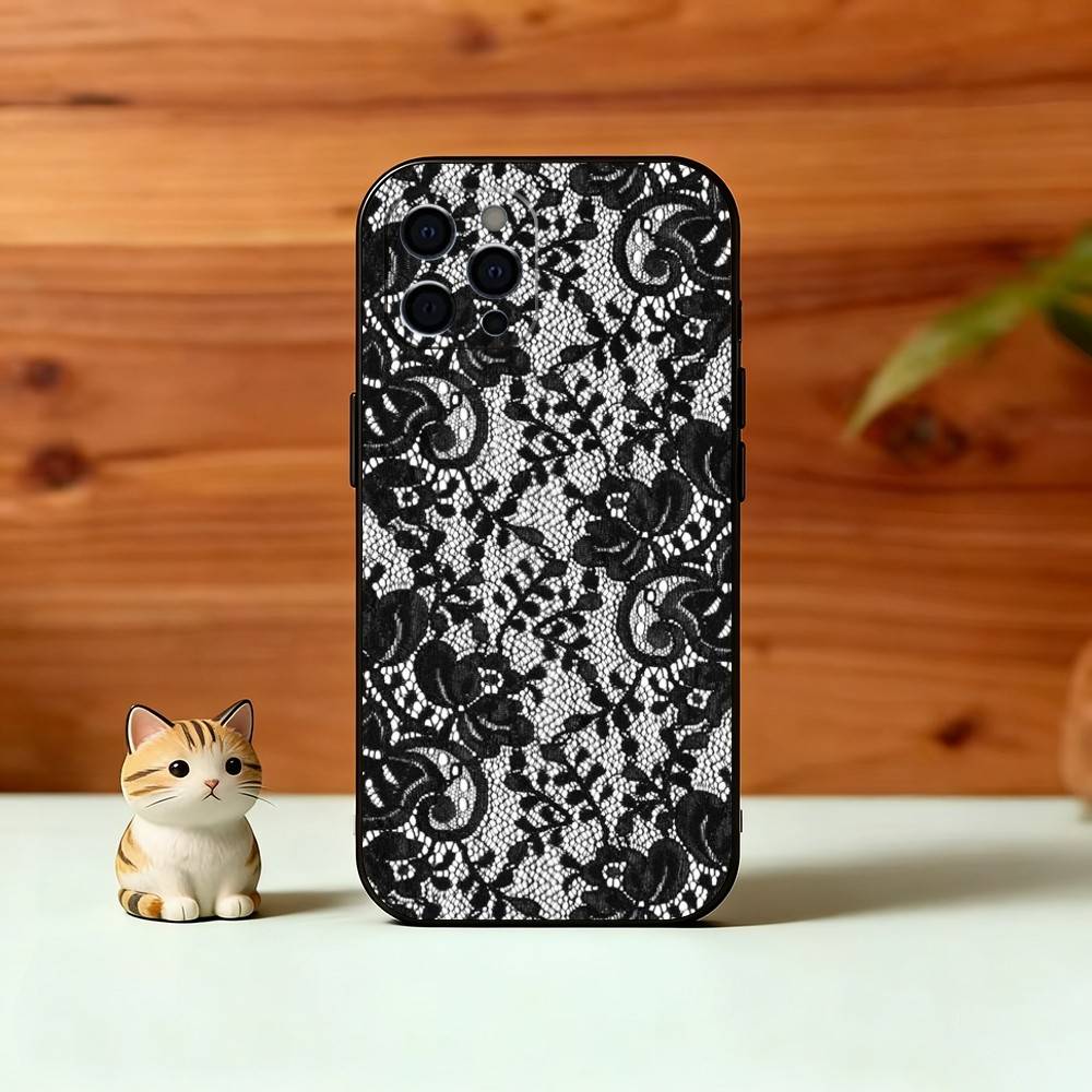 Черный чехол с кружевным принтом для iPhone 17,16,15,14,13,12,11 Plus,Pro Max,XS,Мягкий силиконовый черный чехол