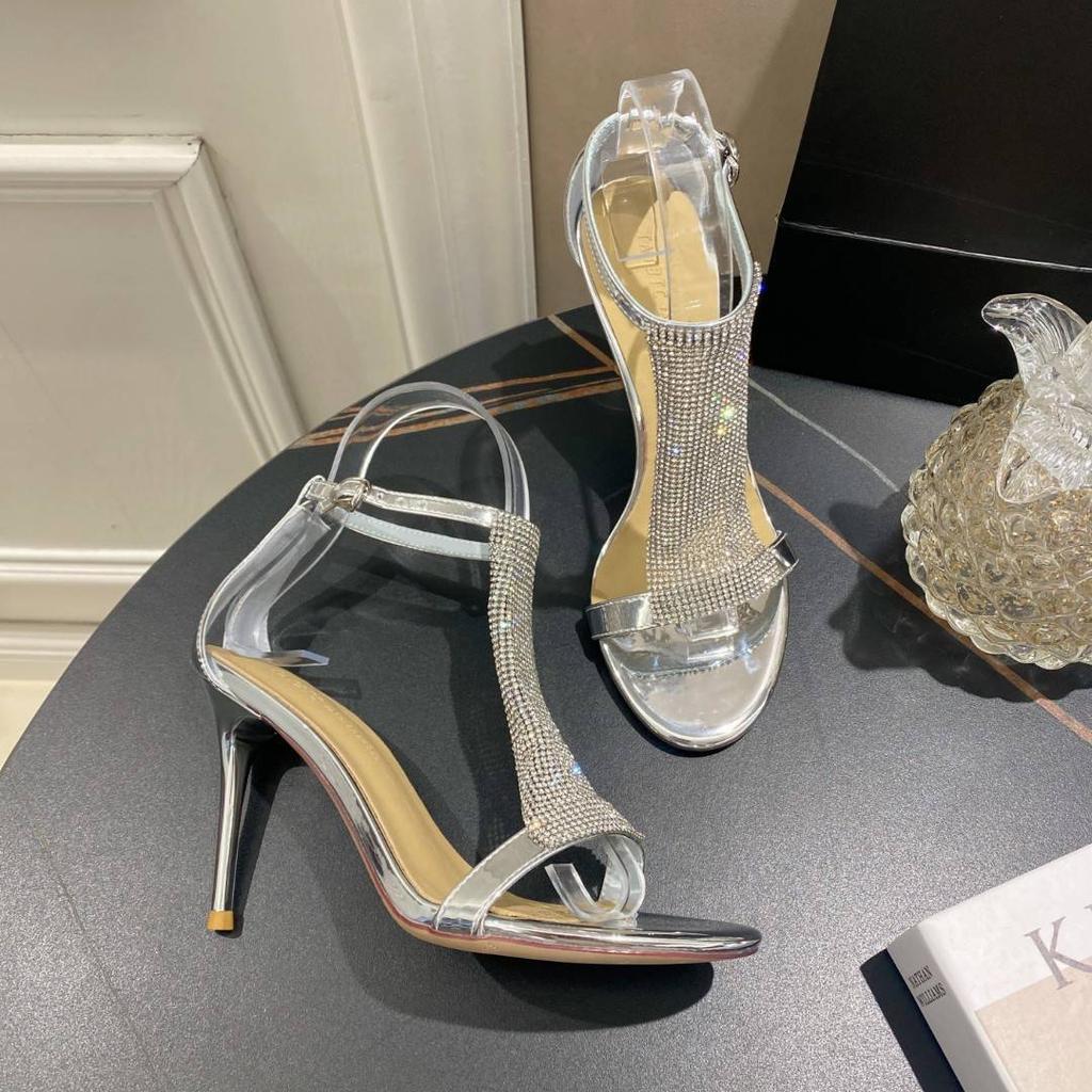 Golden Banquet Shoes Open-toed Sexy High Heels 2025 Summer Rhinestone Fashion Fashion Sandals Women's One-button Stiletto