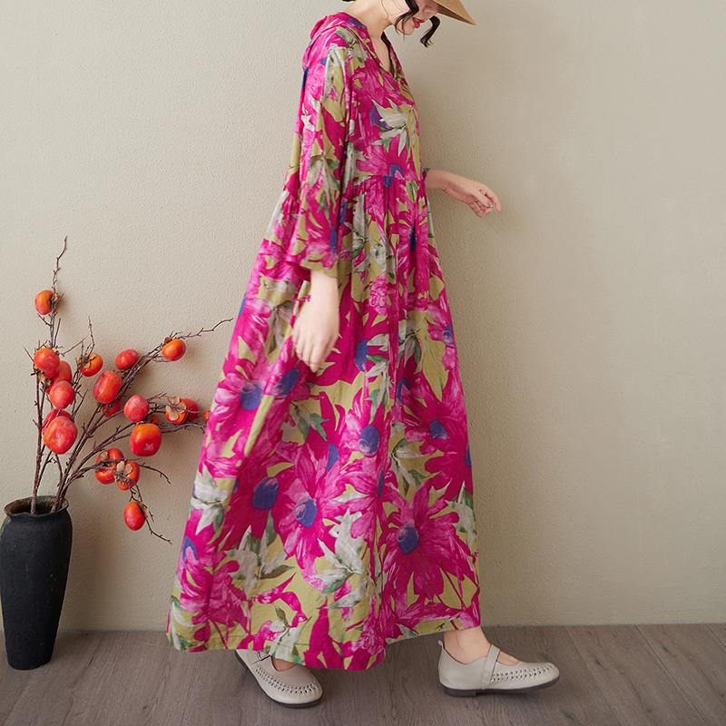 DIMANAF 2025 Плюс Размер Летнее Платье-Шляпа Женское Повседневное Винтажное Длинное Платье Свободное Цветочное Печать Льняное Платье Макси