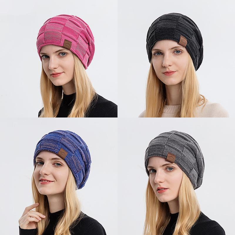 Slouchy Winter Warm Unisex Fleece Plush Lined Checkered Knit Slouchy Hats Thick Skull Chunky Beanie Cap