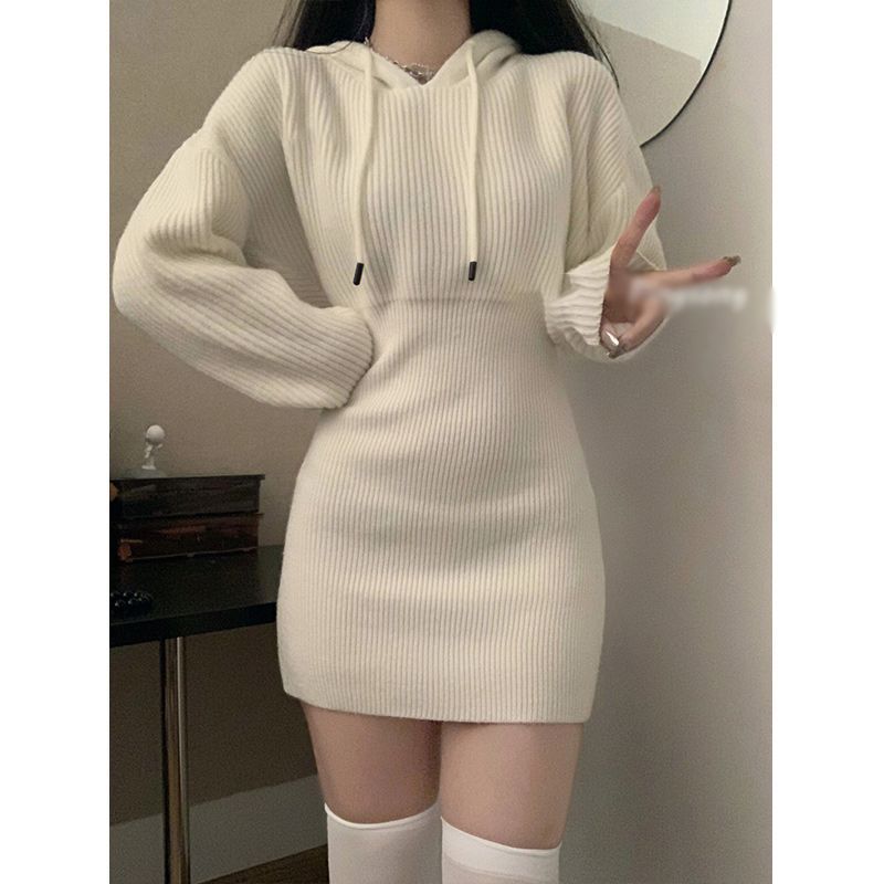 Women Winter Dress Knitted Sweater Solid Slim Elastic Hoodie Dress High Waist Vintage Pullovers Sniper Style Mini Dress Korean