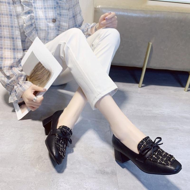 Fashion Lady Heels Fall New Square Toe Deep Mouth Spliced Bow Slip Foot Anti-Slip Wear-Resistant Block Heel Single Shoes
