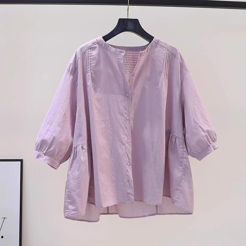 French purple seven-quarter-sleeved cotton shirt short-sleeved T-shirt women's 1116 new summer loose belly-covering half-sleeved top