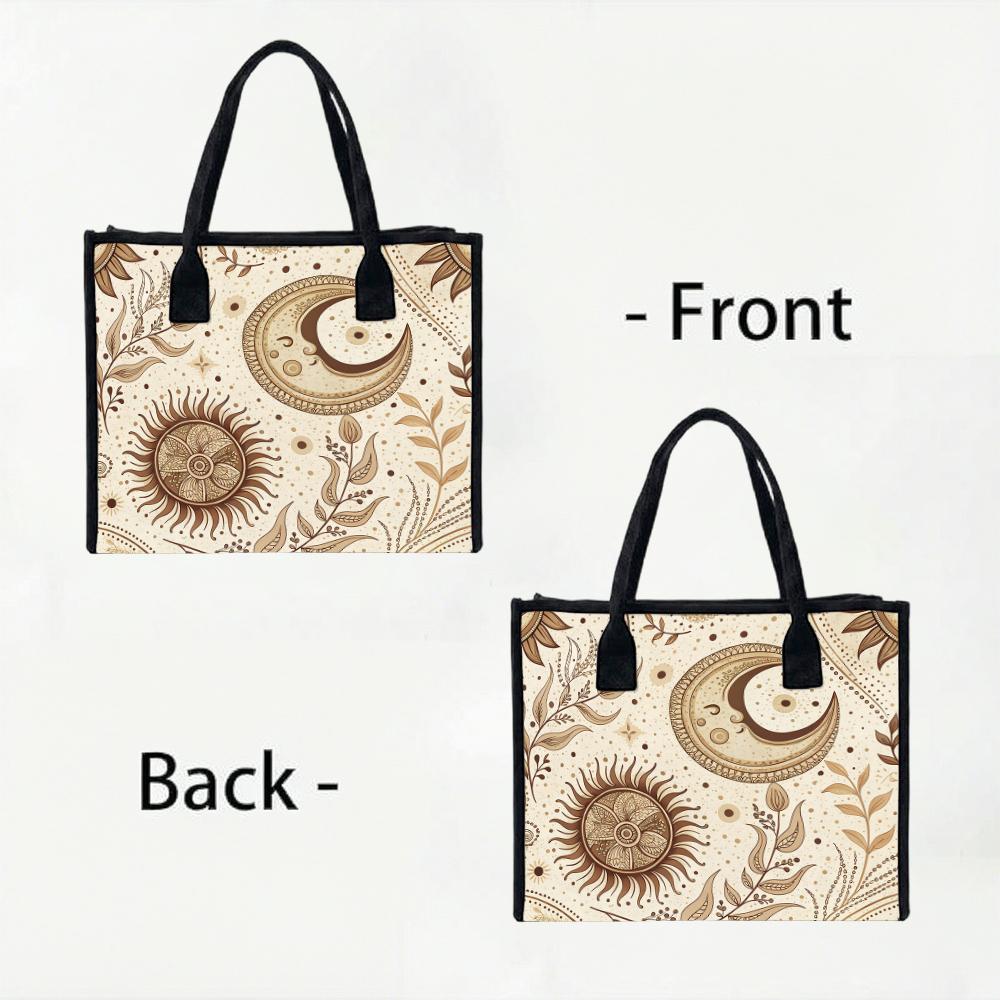 Boho Sun Moon Print Tote Bag Casual Daily Shopping Portable Lightweight Aesthetic Carry Bag