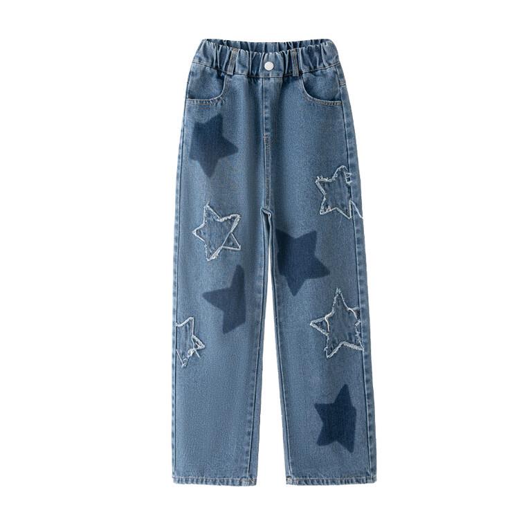 2023 Spring Girls' Star Patch Wide-Leg Jeans - Trendy Children's Fashion for Medium & Large Sizes