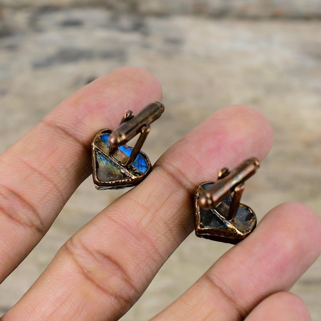 Грубые запонки из лабрадорита, медные запонки, гальванические запонки, запонки с драгоценными камнями, замечательные гальванические ювелирные изделия, подарок для него, ювелирные изделия ручной работы