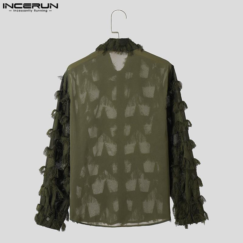INCERUN Мужские рубашки с длинным рукавом и кисточками в стиле пэчворк с прозрачной сеткой