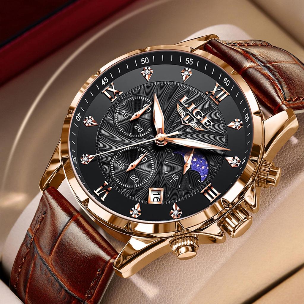 LIGE Men Watch Fashion Casual Luminous Waterproof Chronograph Leather Strap Quartz Watch