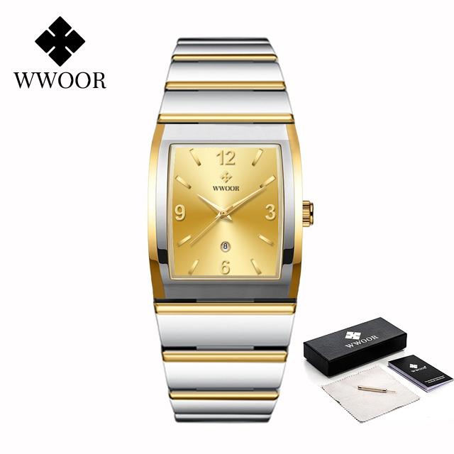 WWOOR Top Brand Luxury Men's Watches Square Stainless Steel Quartz Wristwatch Waterproof Fashion Watch for Men Date Clock