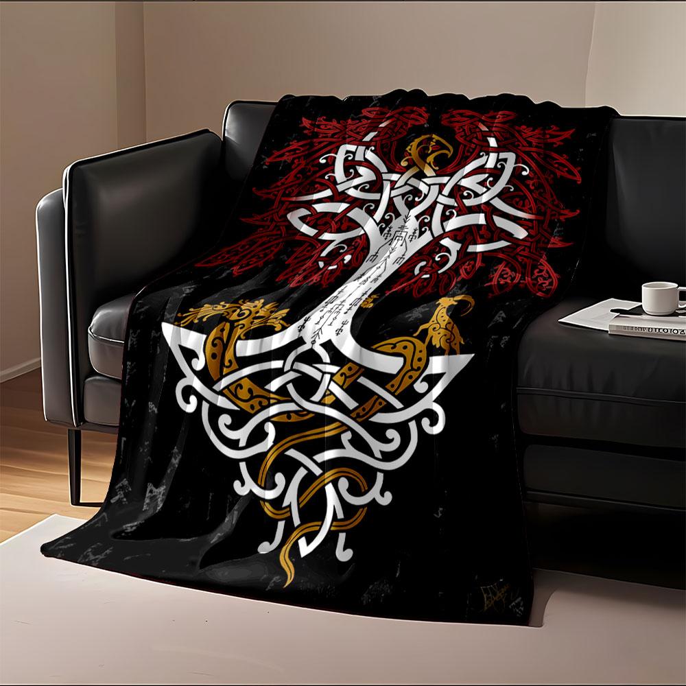 Intricate Yggdrasil motif with intertwined Nordic patterns and symbols. for all seasons blanket lunch break throw gift