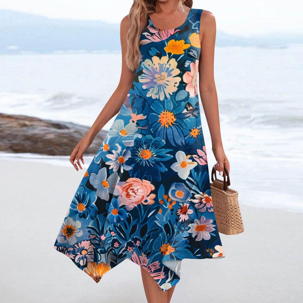 Женское повседневное модное платье миди без рукавов с круглым вырезом и нерегулярным подолом с цветочным принтом
