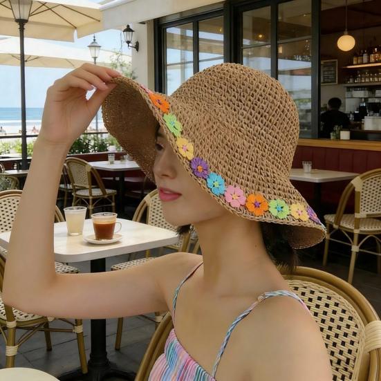Beach Hat Hollow Design Large Eaves UV Blocking Colorful Flower Decoration Sun Protection