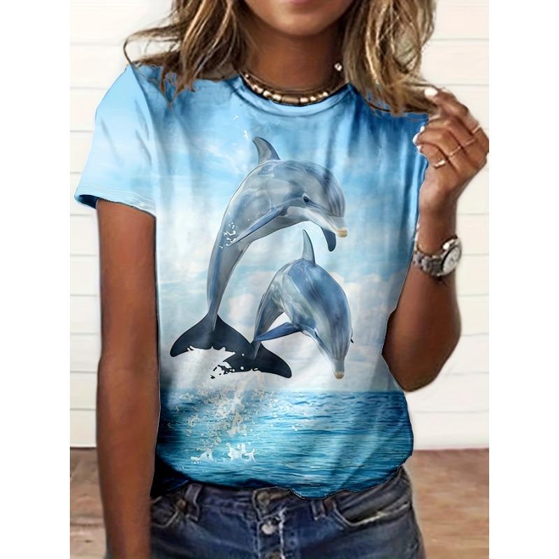 Dolphin print round neck T-shirt, spring and summer casual short-sleeved T-shirt, women's clothing