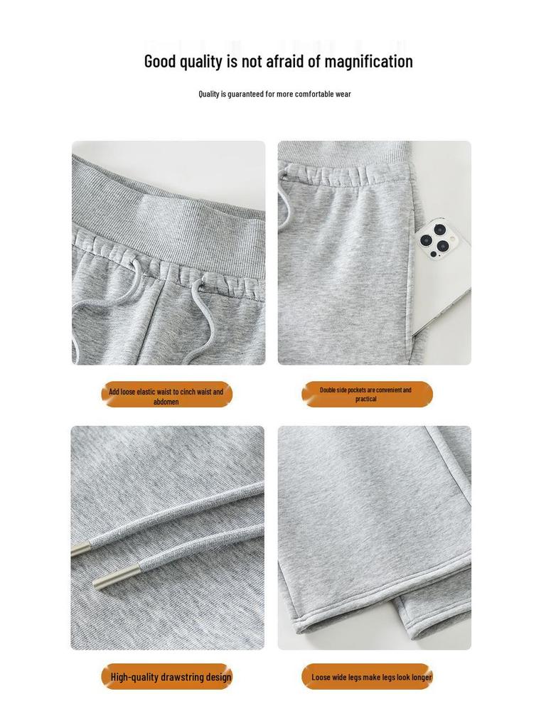 Женские серые широкие спортивные штаны в американском стиле: Весенняя коллекция 2025 года, Свободные повседневные прямые брюки с высокой посадкой, Длина в пол.