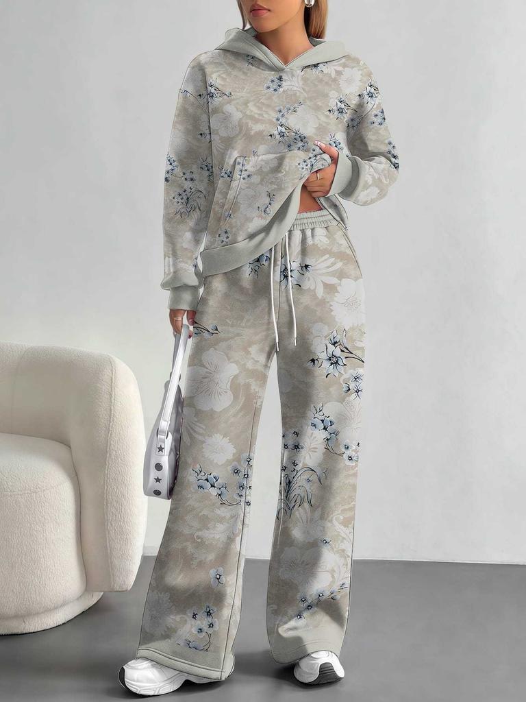 Сшитый tie-dye европейский и американский повседневный костюм с длинным рукавом женский худи с капюшоном и брюки комплект из двух предметов