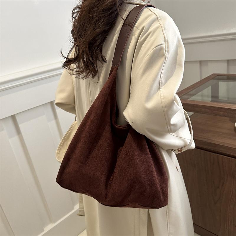 Yogodlns Vintage Women's Bag Large Capacity Suede Shoulder Bag Solid Color Simple Design Casual Commuter Shopper Tote