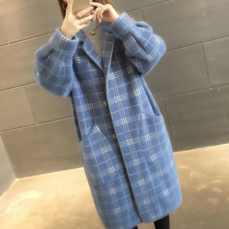 Korean-Style Plaid Knit Coat: Mid-Length Imitation Mink Velvet, Loose Fit, Early Winter Women's Fashion