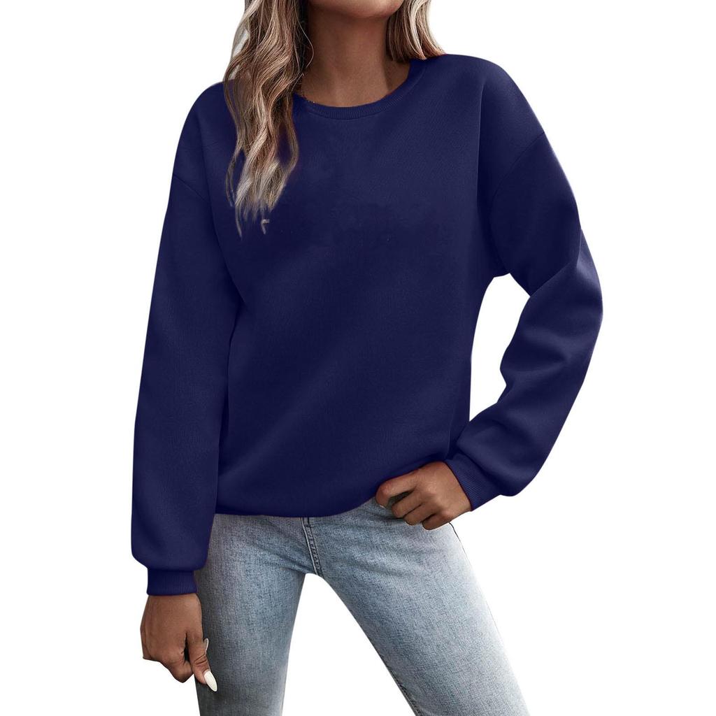 Women's European and American Loose Fit Round Neck Solid Sweatshirt - Autumn/Winter Plus Velvet Long Sleeve Casual Sports Top