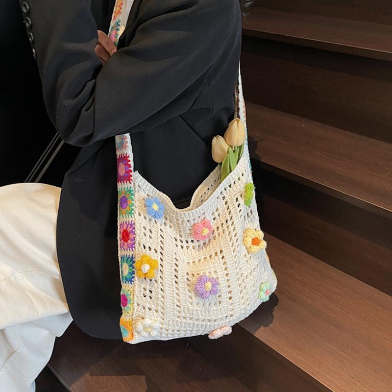 Vintage Hollow Woven Women Floral Decor Shoulder Bag Knitting Handbags Large Capacity Tote Bags For Ladies Beach Travel Shopper Purse CLE