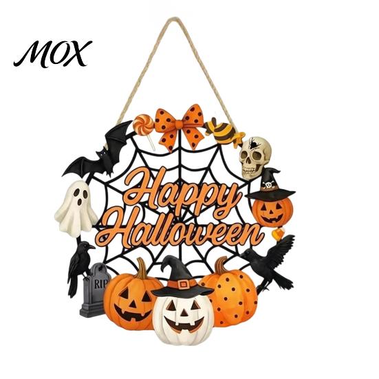 Scary Party Supplies Halloween Wooden Wreath Door Hanger Sign, Pumpkin Ghost Black Cat Witch Rustic Wall Art Bat Patterns, Hanging Plaque for
