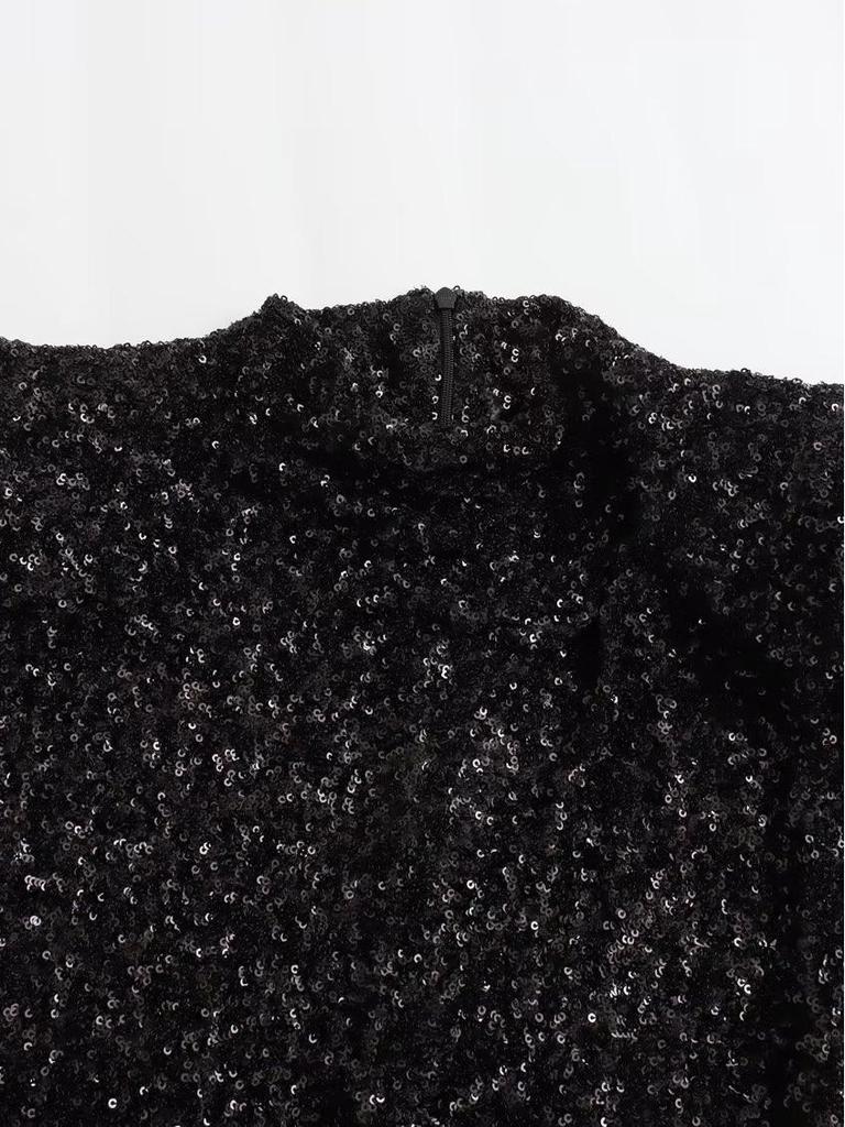 Y2K Winter Black Sequin Mini Dress with Shoulder Pads - Sleeveless Evening Wear
