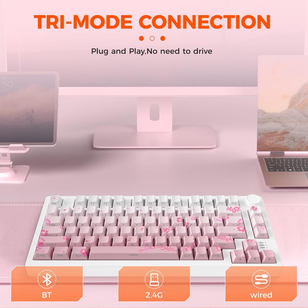 DAREU EK75PRO Gaming Keyboard Wireless Cherry Pink Tenkeyless USB Connectable Gasket Mount 81 Keys English Layout Cute RGB Mechanical Keyboard Hot