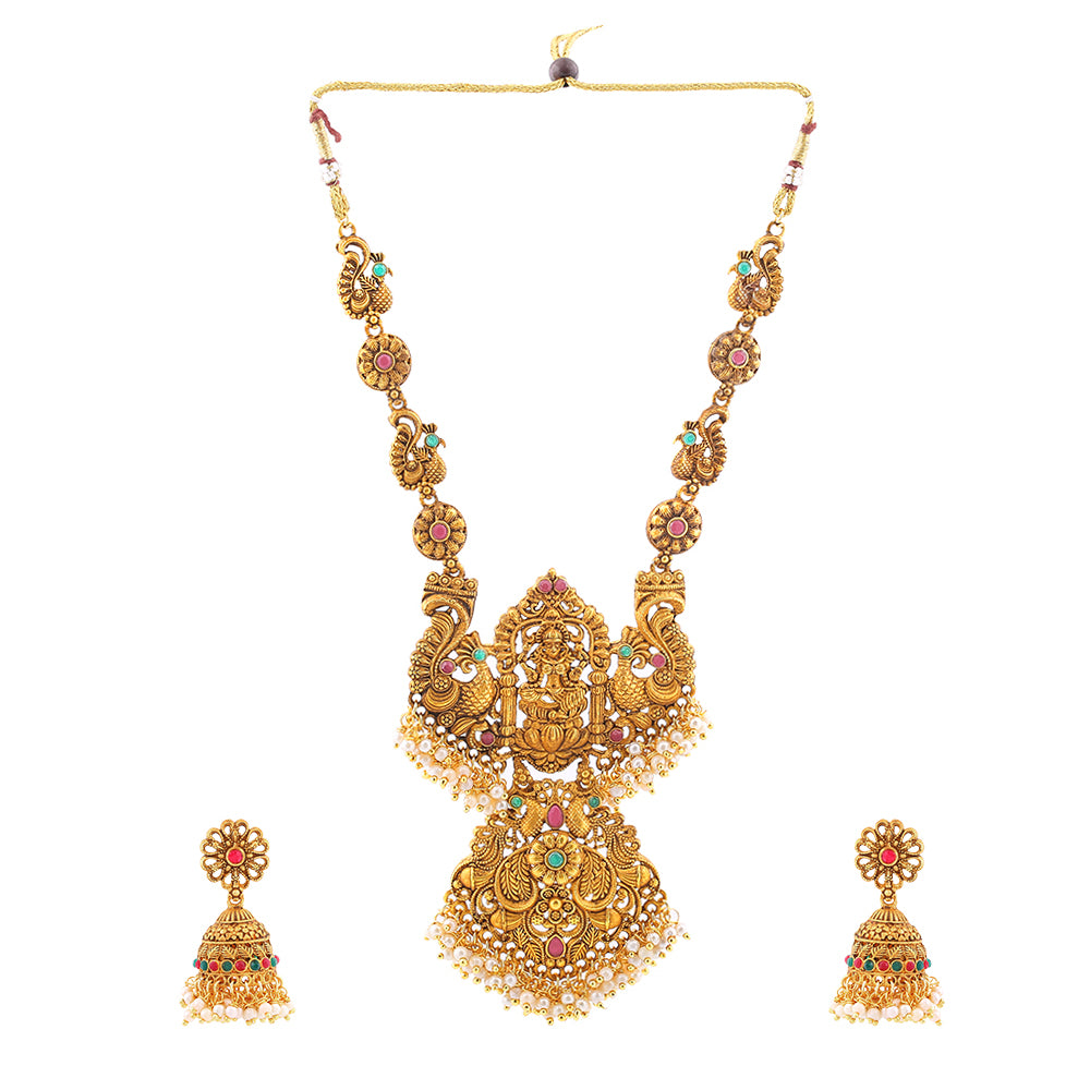 Комплект позолоченного свадебного ожерелья в храмовом стиле Estele с цветными камнями и жемчугом для женщин