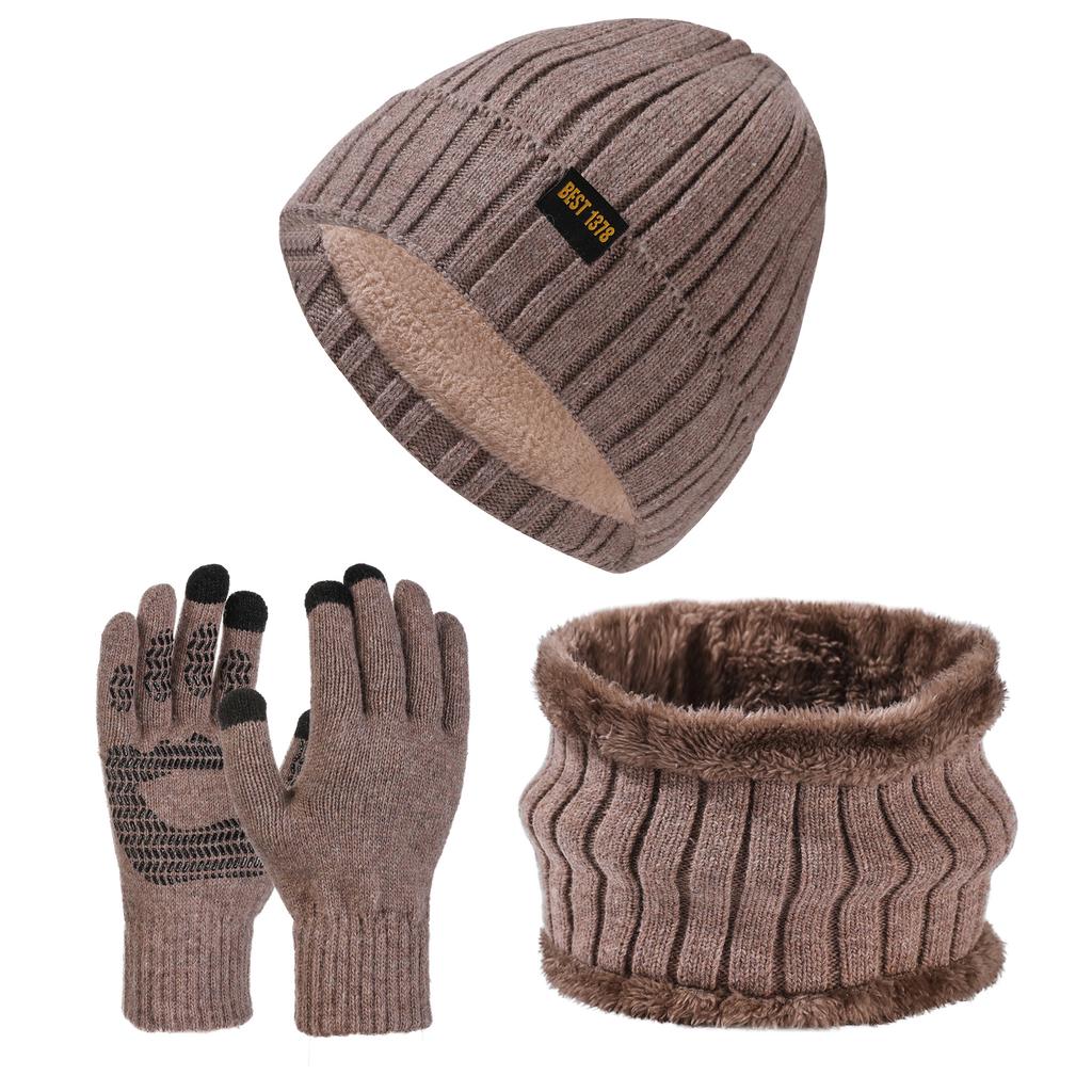 Зимняя новая вязаная шапка шарф перчатки комплект из трех предметов флисовая теплая мужская шерстяная шапка большая окружность головы пуловер шапка