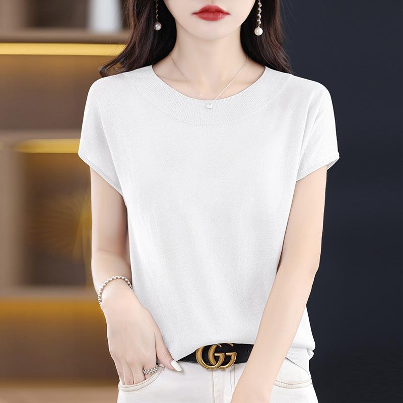 IHUASU Women's Ice Silk Short-sleeved T-shirt Summer Bright Silk Temperament Jersey Linen O-neck Blouse Thin Versatile Loose