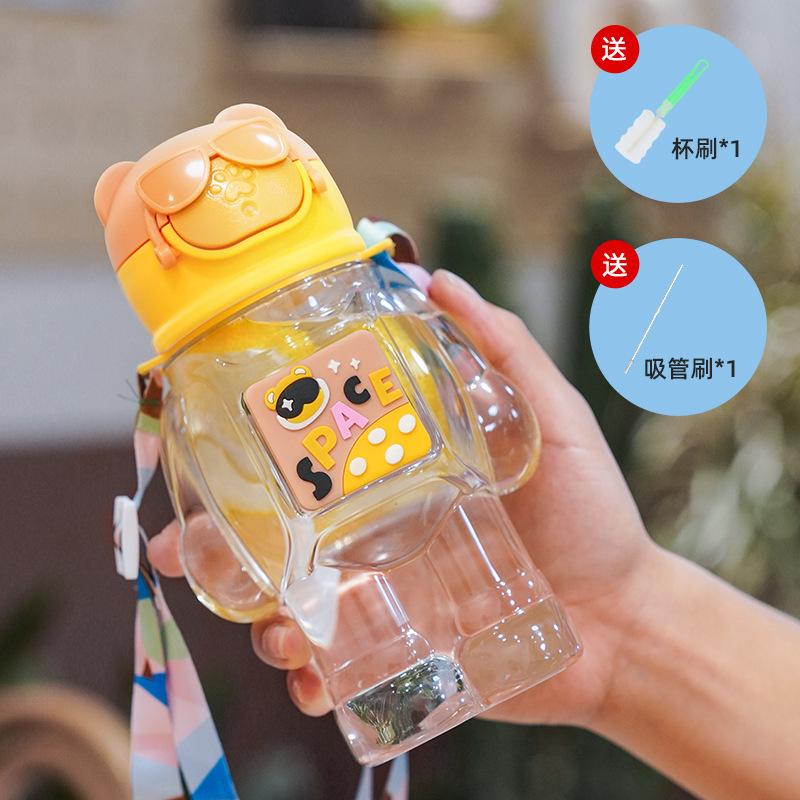 Water bottle new straw cup student children cartoon bear cup portable strap handle sticker plastic cup waterproof and drop resistant