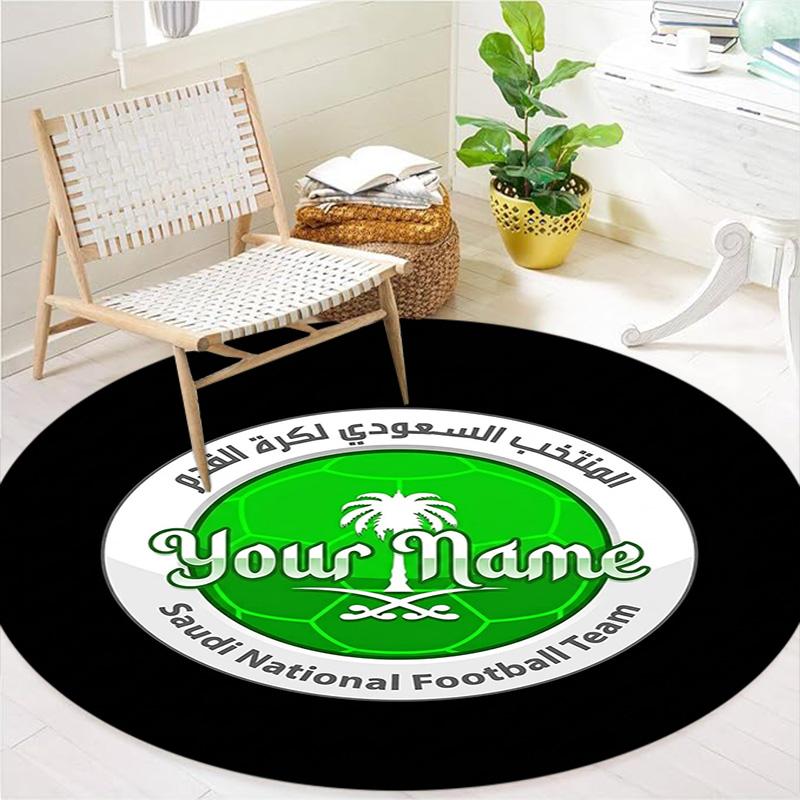 Saudi Football Crest Custom Name Round Area Rug Carpet Rug For Living Room Bedroom Sofa Playroom Decor Nonslip Floor Mat