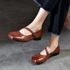 Johnature Square Toe Shallow Mary Jane Shoes Genuine Leather Retro Solid Color Soft Soled Shoes
