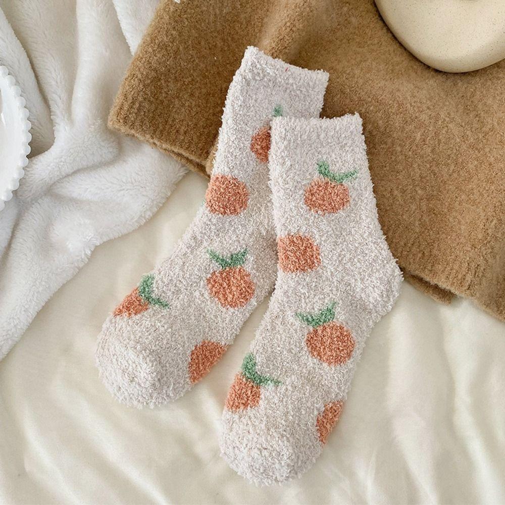 Flower Strawberry Floor Plush Socks Thickened Warm Socks Women Cute Coral Fleece Socks  Autumn