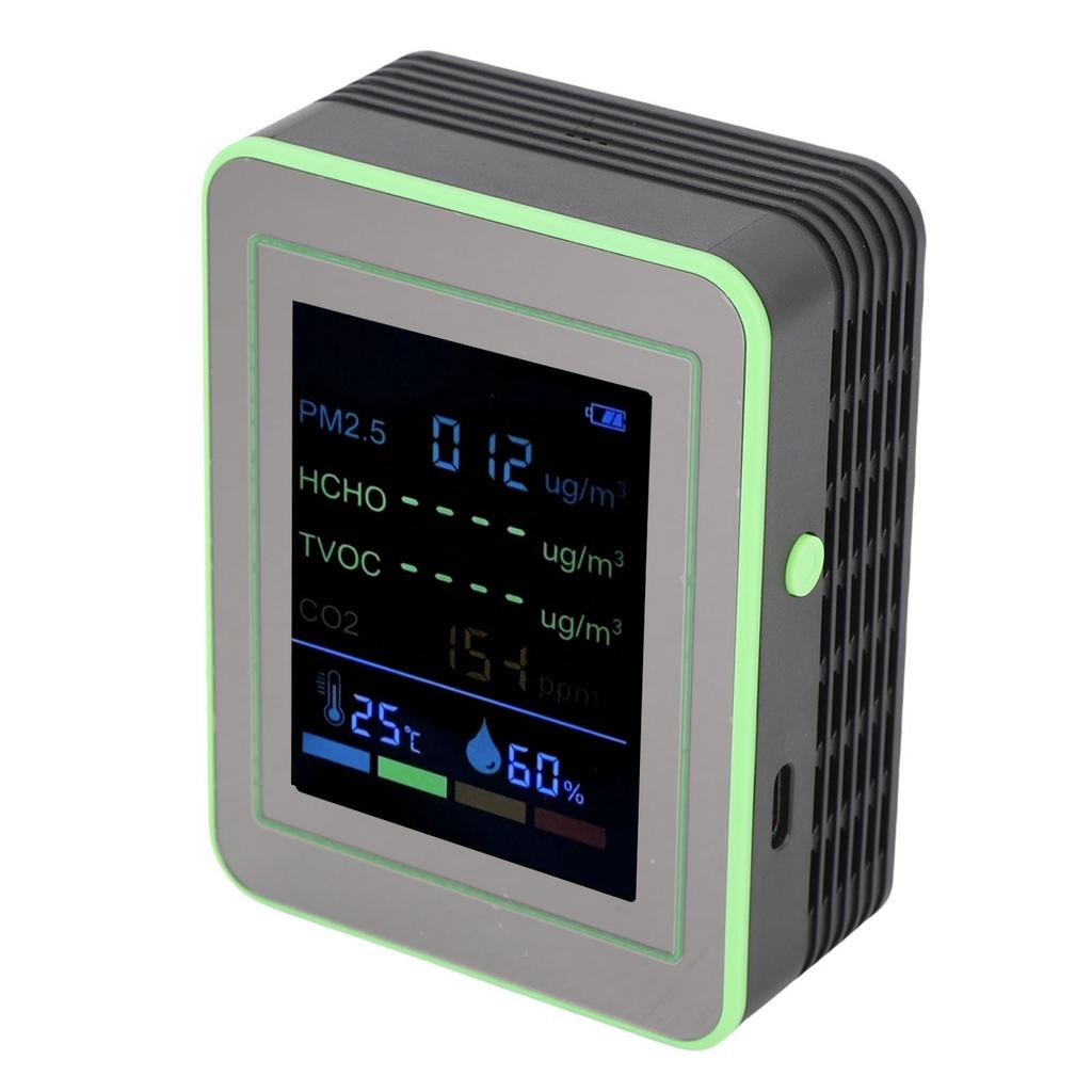 Air Quality Meter 6 In 1 CO2 PM2.5 HCHO TVOC Temp Humid Smart Detect Tester Indoor Battery Powered Black and Green