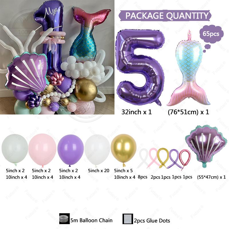 65PCS Underwater World Theme Mermaid Shell Purple Digital Aluminum Film Balloon Children's Birthday Baby Shower Decoration Ballo