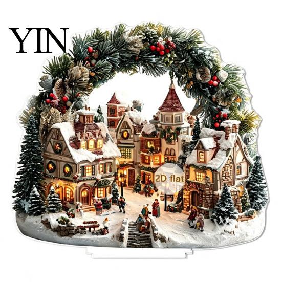 Seasonal Home Accents Christmas Village Houses Table Decoration, Snow Scene Patterns 2D Acrylic Santa Claus Hanging Decor Ornament, Decorative