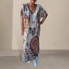 Summer Women Dress V Neck Short Sleeves Loose Retro Ethnic Printing Pullover Ankle Length Casual Daily Wear Maxi Dress