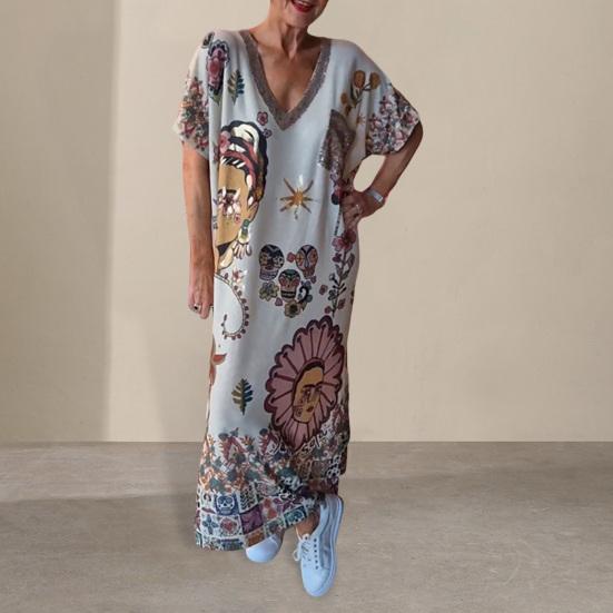 Summer Women Dress V Neck Short Sleeves Loose Retro Ethnic Printing Pullover Ankle Length Casual Daily Wear Maxi Dress