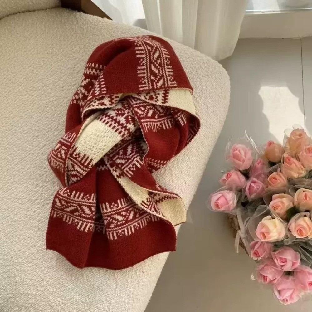 Thick Knit Fabric Double Sided Scarf Retro Jacquard Pattern Neck Warmer Shawl Fall Season Use