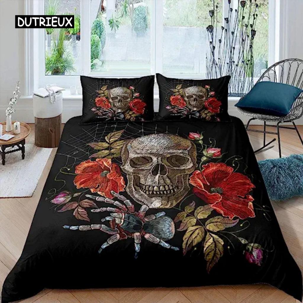 Sugar Skull Duvet Cover Teen Girl Bedding Set Sugar Skull Decor Bedding Skull Skeleton Roses Floral Print Duvet Cover Decorative