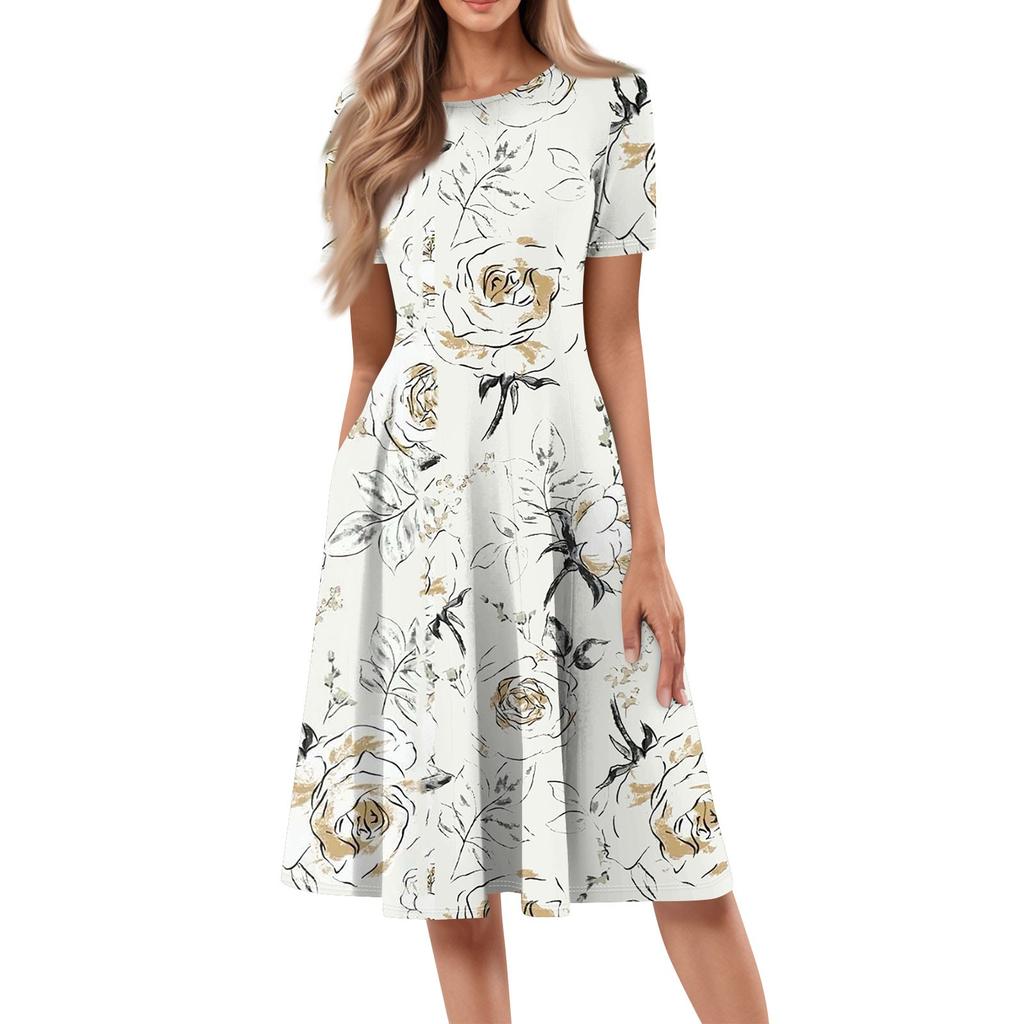 Women's Loose Casual And Fashionable Round Neck Short Sleeved Printed Mid Length Dress