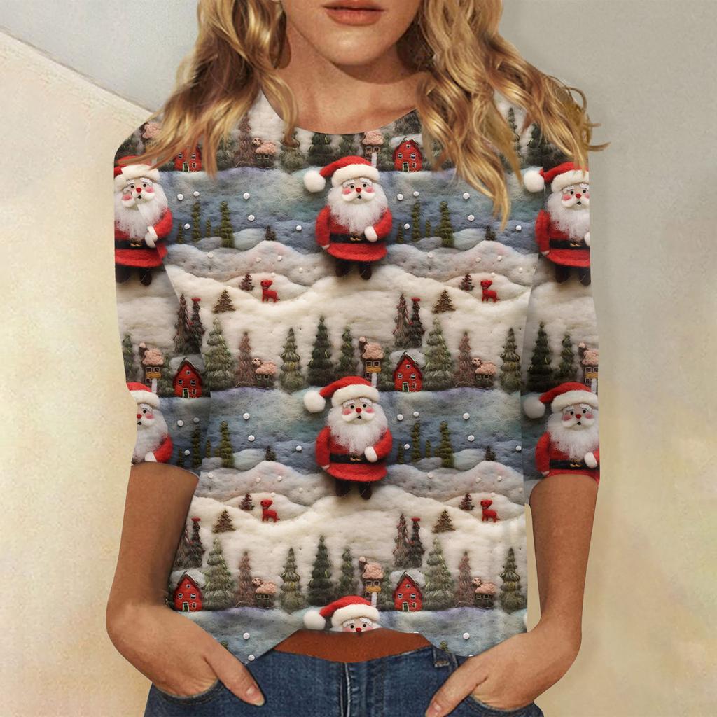 Женская модная повседневная футболка с рукавом три четверти и рождественским принтом, с круглым вырезом