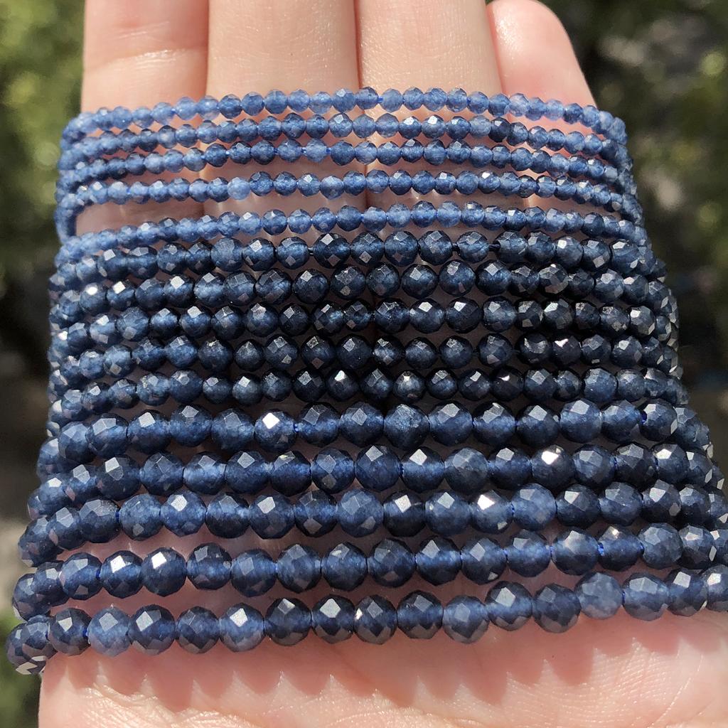 Маленькие натуральные синие сапфировые бусины круглые 2 3 4 мм граненые каменные бусины для изготовления ювелирных изделий ожерелья браслета DIY аксессуары