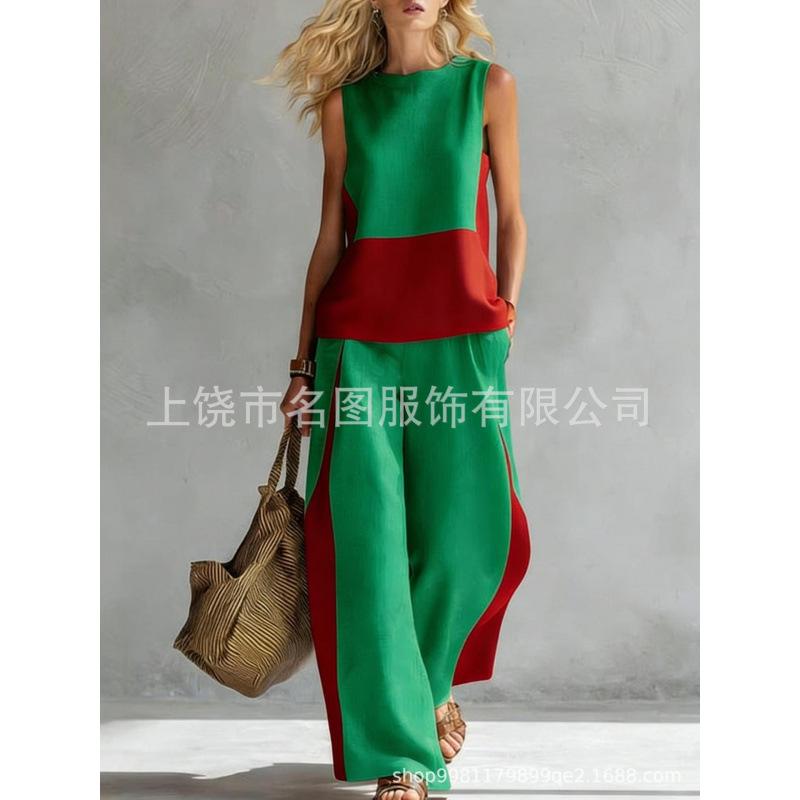 European, American Bohemian fashion contrasting colors 1D digital printing printing retro casual top set