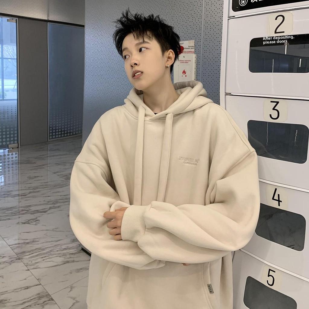 Huamian Men's Heavyweight Hooded Sweatshirt - New Autumn/Winter, Velvet Lined, Trendy American Style, Loose Fit